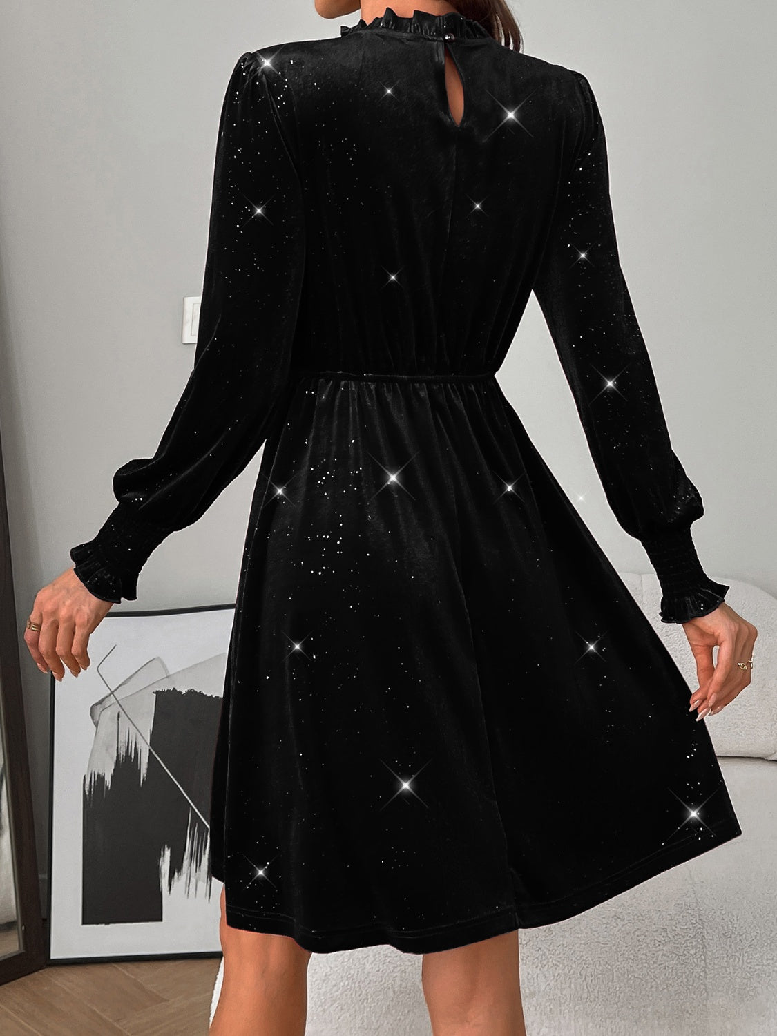 Glitter Mock Neck Long Sleeve Mini Dress Trandify Deal