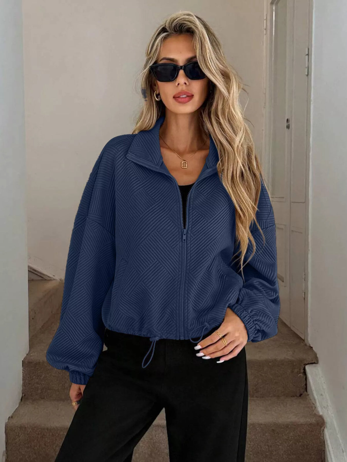 Women's Ribbed Drawstring Jacket - Casual Long Sleeve Zip-Up