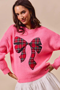 Women's Plaid Ribbon Christmas Sweater - Ugly Holiday