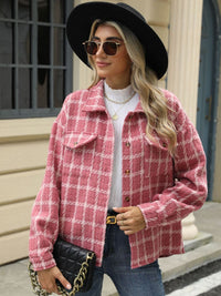 Plaid Collared Neck Long Sleeve Jacket Trandify Deal