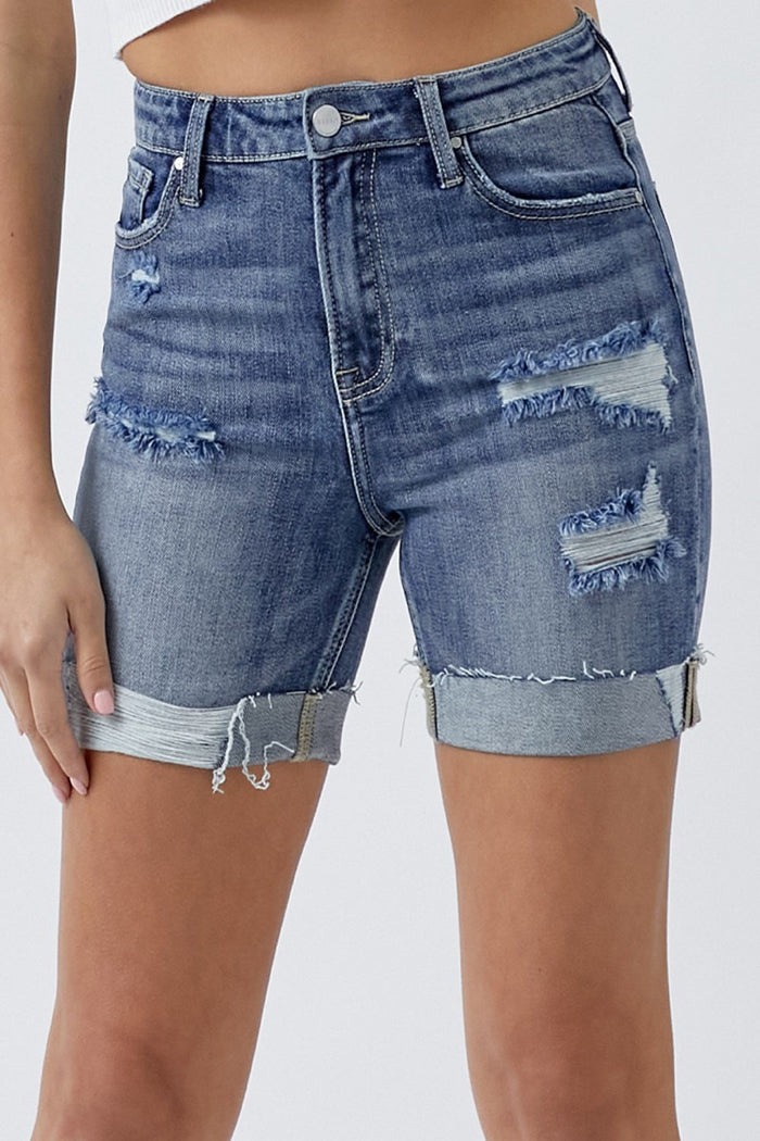RISEN Full Size Distressed Rolled Denim Shorts with Pockets Trandify deal