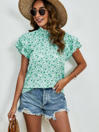 Ditsy Floral Mock Neck Flounce Sleeve Blouse Trandify deal