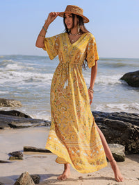 Drawstring Printed Plunge Half Sleeve Dress Trandify Deal