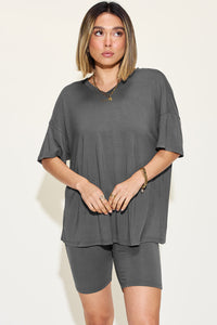 Basic Bae Full Size V-Neck Drop Shoulder T-Shirt and Shorts Set Trandify Deal