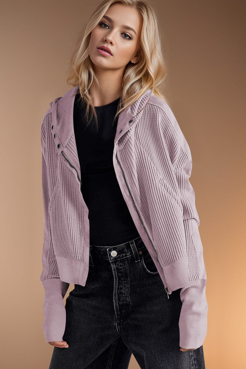 Double Take Waffle-Knit Zip Up Long Sleeve Hooded Jacket Trandify Deal