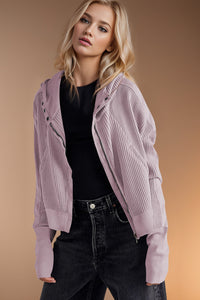 Double Take Waffle-Knit Zip Up Long Sleeve Hooded Jacket Trandify Deal