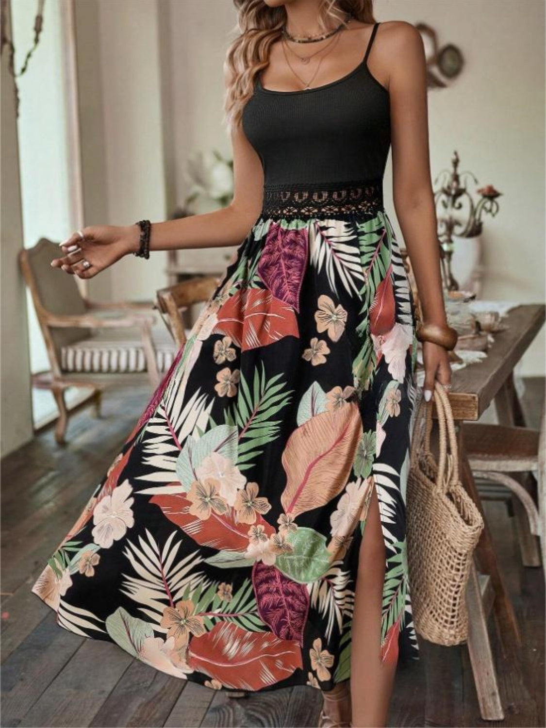 Slit Printed Scoop Neck Cami Dress Trandify Deal