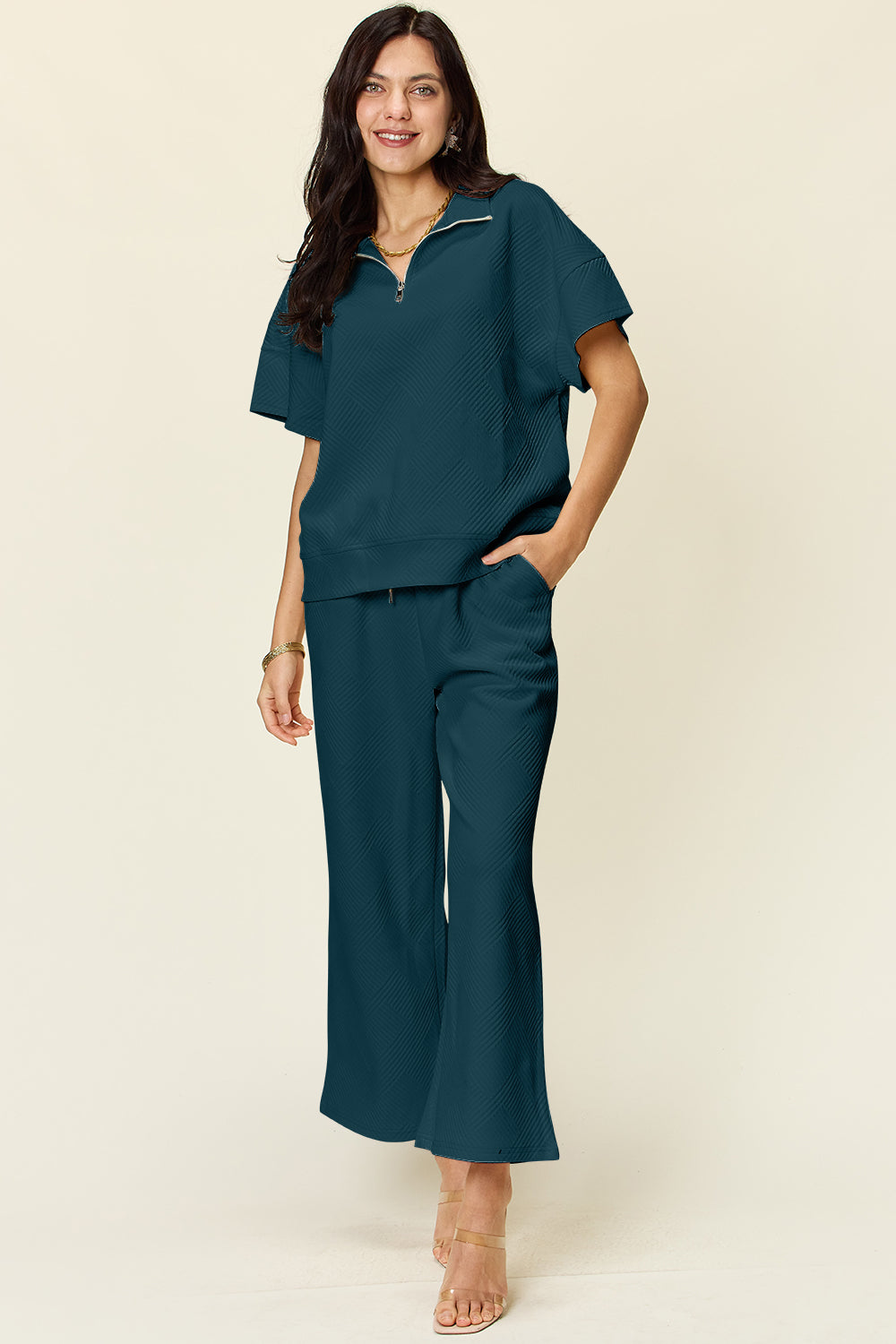 Double Take Full Size Texture Half Zip Short Sleeve Top and Pants Set Trandify Deal