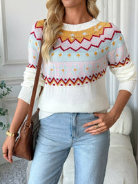 Cozy fall sweater for women in White, soft acrylic knit, long sleeve round neck top.