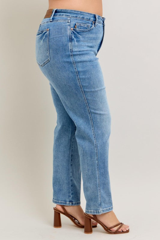 Plus Size Tummy Control Jeans: Vintage Wash Straight Leg