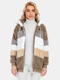 Full Size Drawstring Color Block Zip Up Hooded Outerwear Trandify Deal