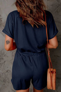 Full Size Drawstring V-Neck Short Sleeve Romper Trandify deal