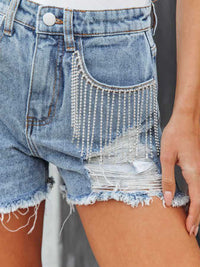 Distressed Fringe Denim Shorts with Pockets Trandify deal