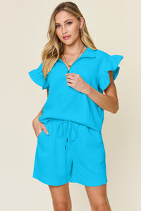 Double Take Full Size Texture Flounce Sleeve Top and Drawstring Shorts Set - Trandify Deal