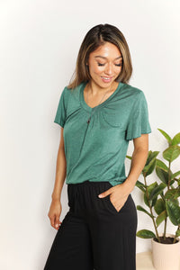 Double Take Ruched V-Neck Short Sleeve T-Shirt Trandify deal