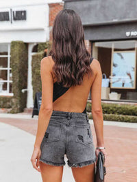 Distressed Fringe Denim Shorts with Pockets Trandify deal
