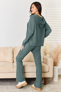 Basic Bae Full Size Ribbed Drawstring Hooded Top and Straight Pants Set Trandify Deal