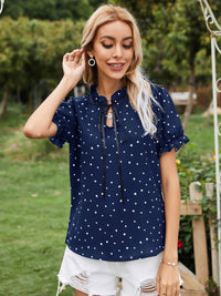 Heart Print Tie Neck Short Sleeve Blouse Trandify deal