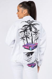 American Bazi Graphic Distressed Long Sleeve Denim Jacket Trandify Deal