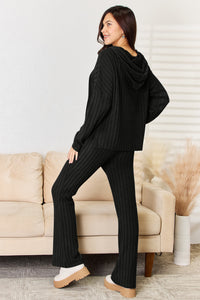 Basic Bae Full Size Ribbed Drawstring Hooded Top and Straight Pants Set Trandify Deal
