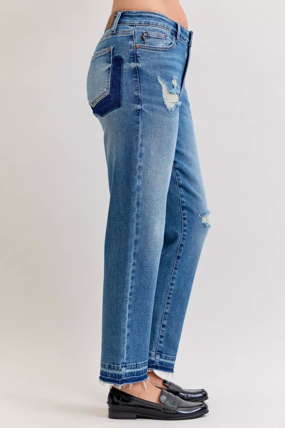 Women's Distressed Jeans | Mid Rise Patch & Repair Boyfriend Fit