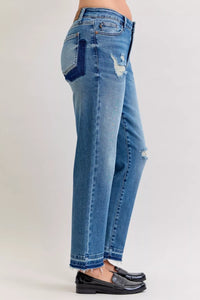 Women's Distressed Jeans | Mid Rise Patch & Repair Boyfriend Fit
