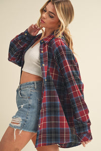 Women’s Flannel Plaid Shirt – Raglan Sleeve Button-Up Top for Casual Wear