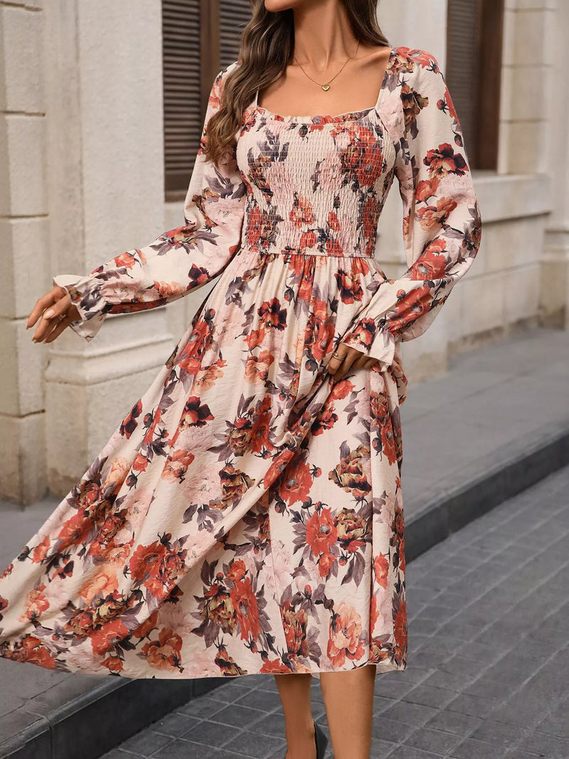 Floral smocked mini dress with ruffled flounce sleeves for women