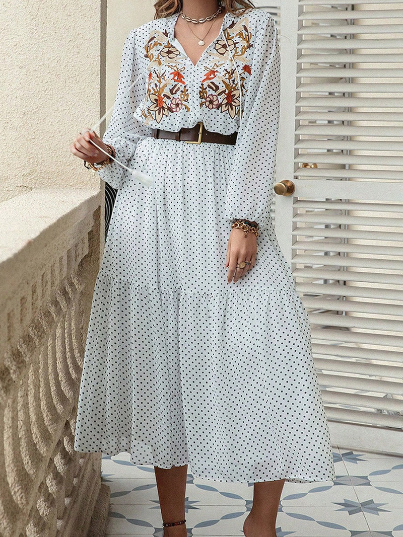 Plus Size Printed Tie Neck Long Sleeve Midi Dress Trandify Deal