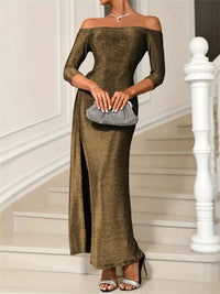 Slit Off-Shoulder Long Sleeve Midi Dress Trandify Deal