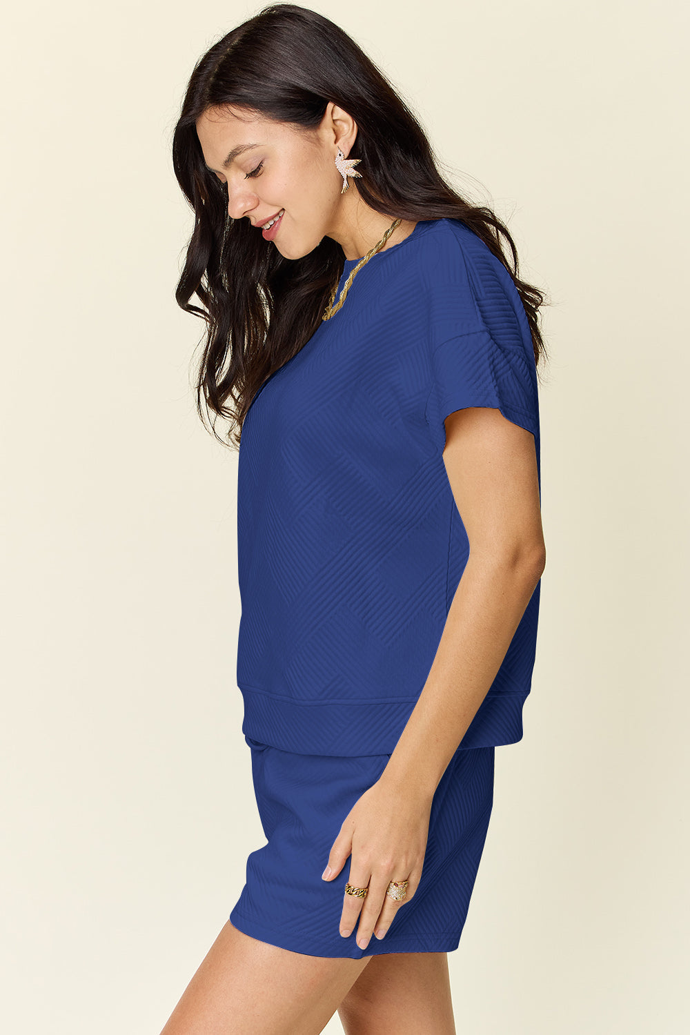 Double Take Full Size Texture Short Sleeve T-Shirt and Drawstring Shorts Set Trandify deal