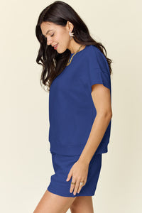 Double Take Full Size Texture Short Sleeve T-Shirt and Drawstring Shorts Set Trandify deal