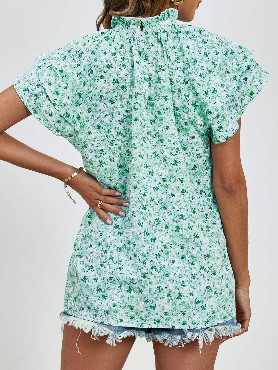 Ditsy Floral Mock Neck Flounce Sleeve Blouse Trandify deal