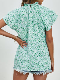 Ditsy Floral Mock Neck Flounce Sleeve Blouse Trandify deal