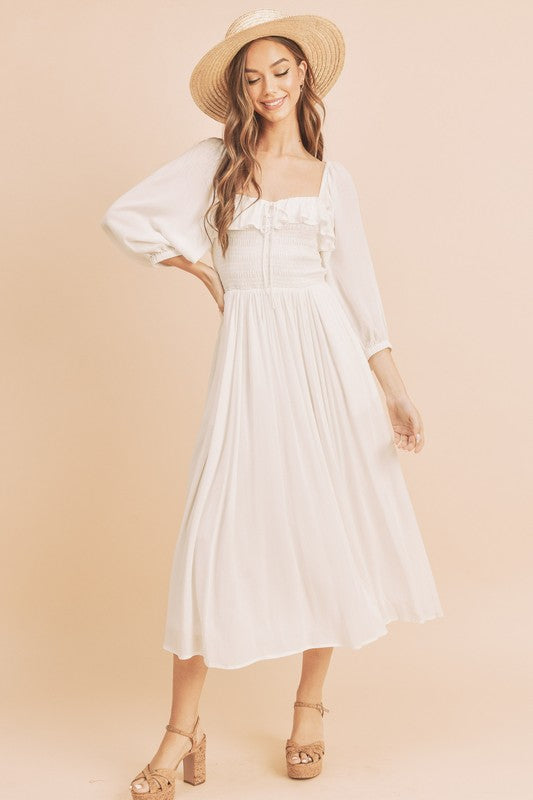 Aemi + Co Women’s Ruffled Smocked Square Neck Balloon Sleeve Dress in [white] – Trendy Summer Dress for USA Women | TrandifyDeal