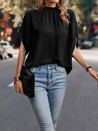 Swiss Dot Mock Neck Half Sleeve Blouse Trandify deal