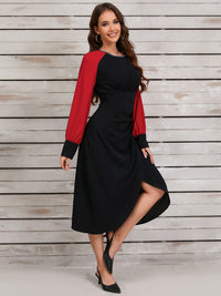 Ruched Contrast Long Sleeve Midi Dress Trandify Deal