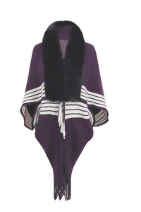 Striped Fringe Detail Long Sleeve Poncho Trandify deal