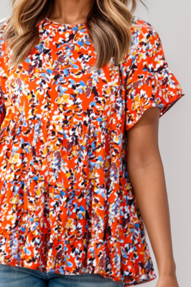 Plus Size Floral Round Neck Tiered Blouse Trandify deal