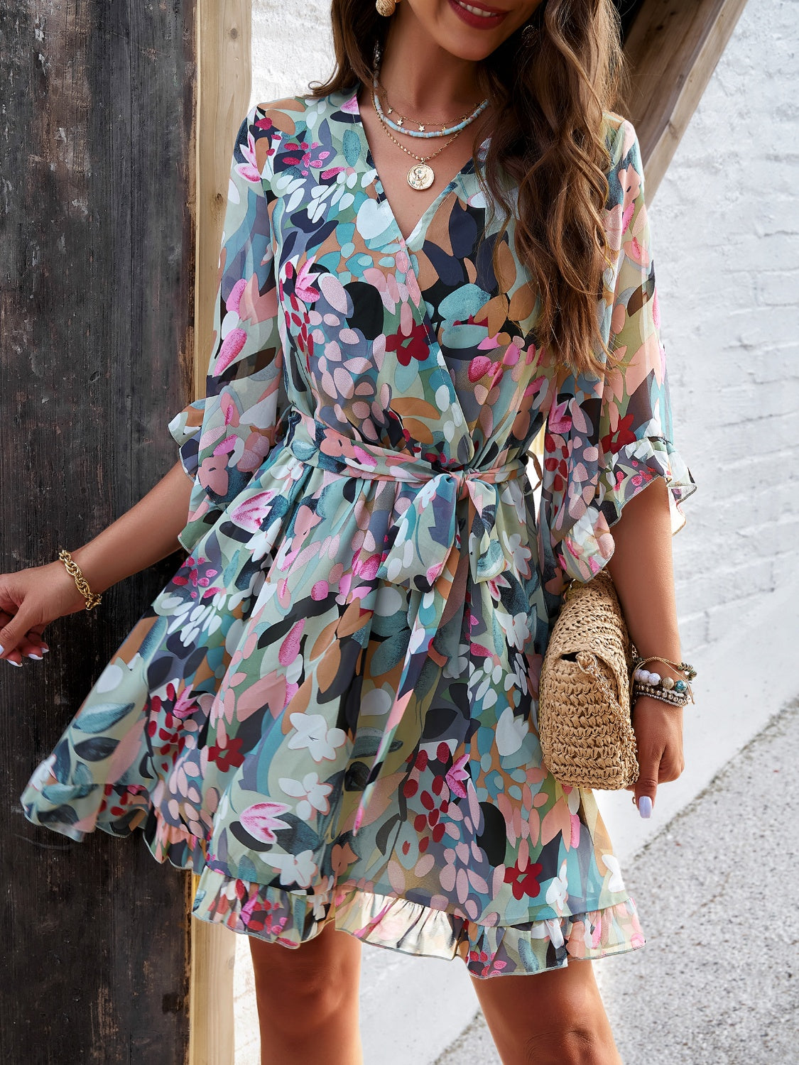 Devine Ruffled Printed Surplice Half Sleeve Mini Dress Trandify Deal
