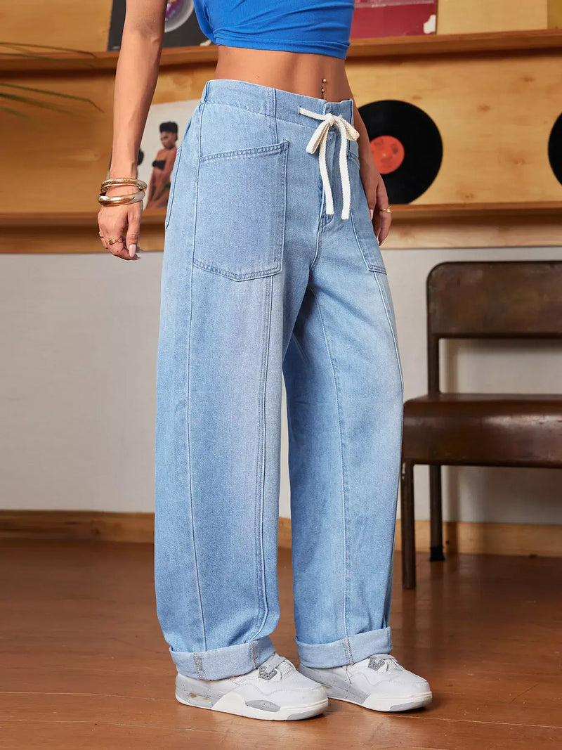 Women's Drawstring Wide Leg Jeans - No Stretch Casual Joggers