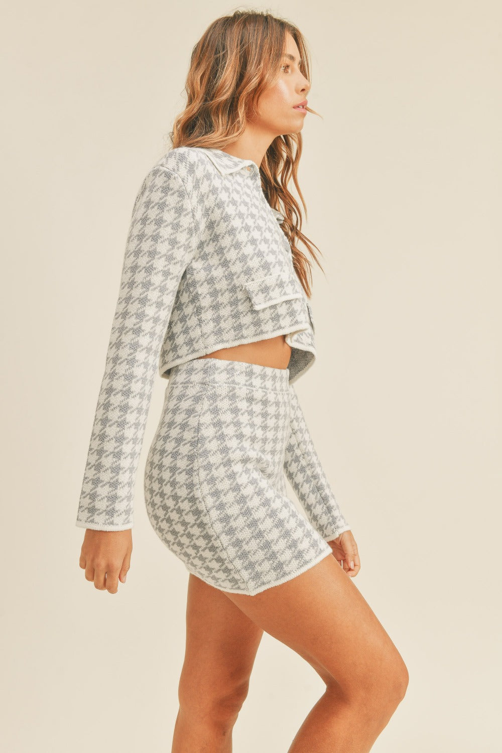 MABLE Houndstooth Cropped Knit Cardigan and Mini Skirt Set Trandify Deal