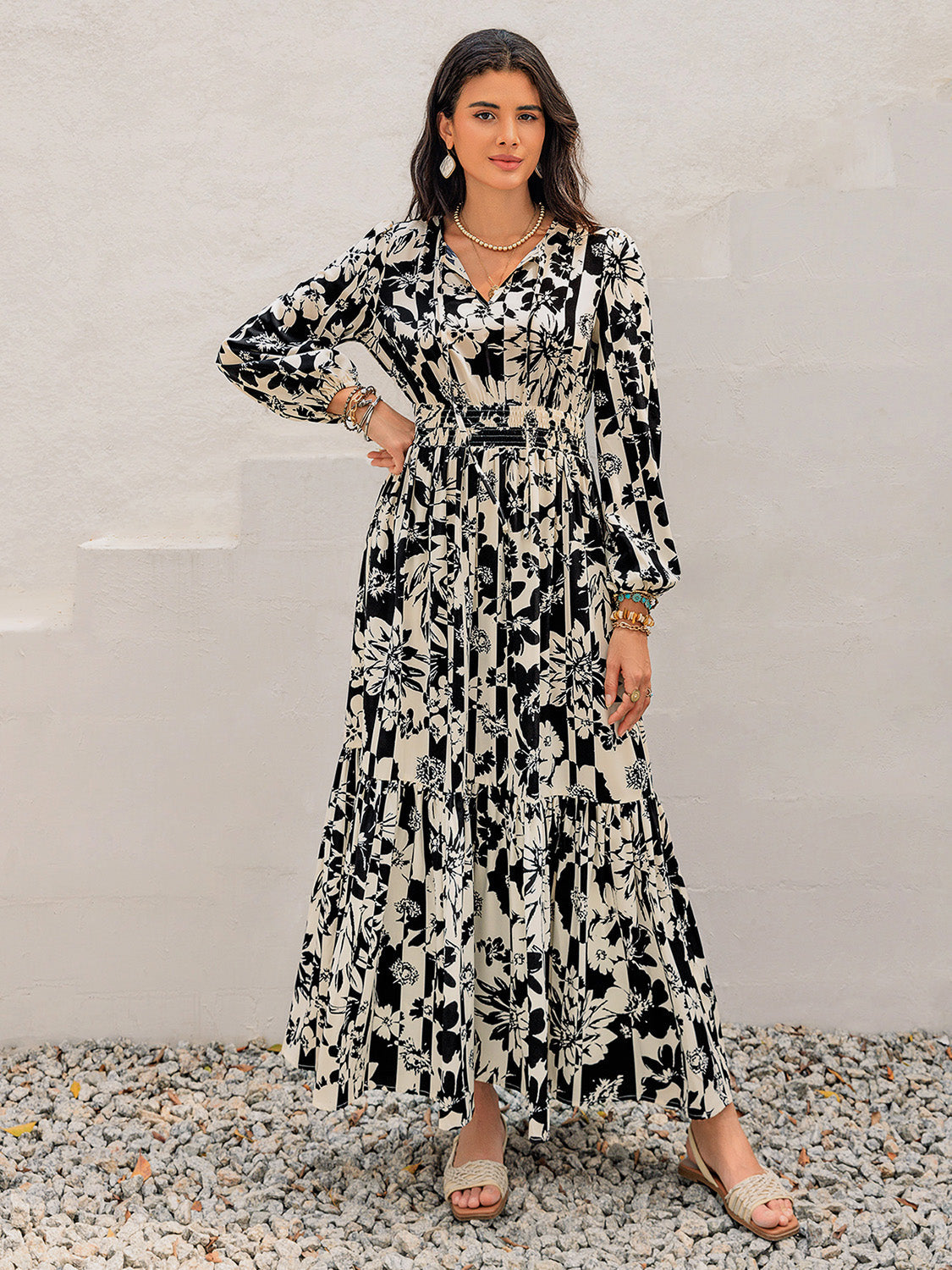 Smocked Printed Tie Neck Long Sleeve Dress Trandify Deal