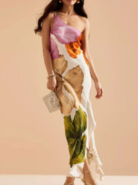 Floral Print Single Shoulder Maxi Dress for Women – Boho Summer Long Dress with Side Slit