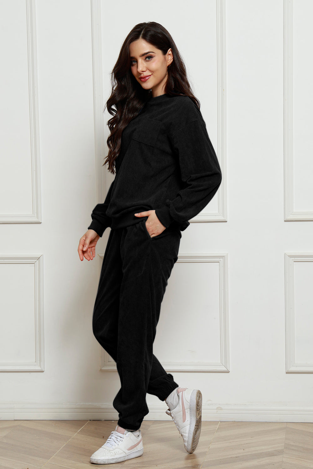 Corduroy Round Neck Sweatshirt and Sweatpants Set Trandify Deal