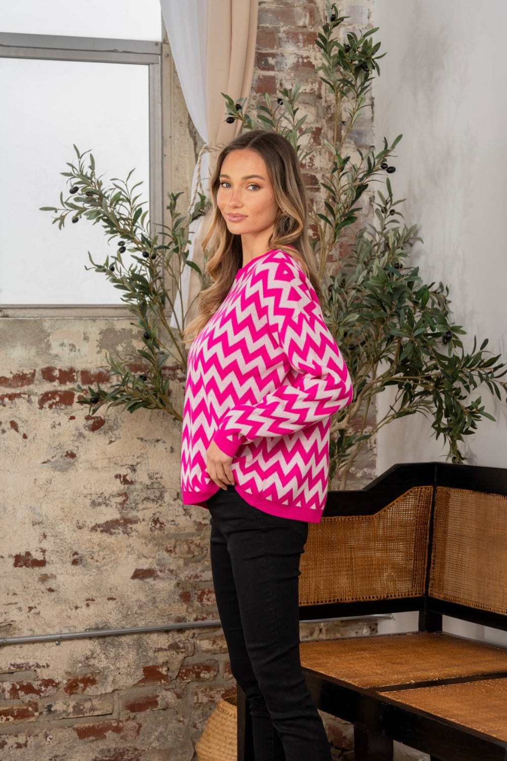 Full Size Wave Stripe Contrast Long Sleeve Sweater Trandify Deal