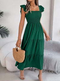 Smocked Square Neck Cap Sleeve Midi Dress Trandify deal