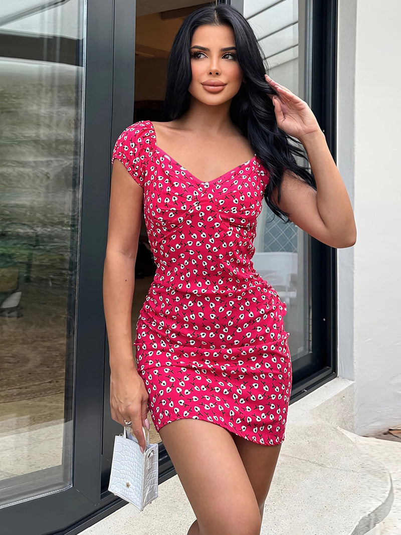 Printed V-Neck Short Sleeve Mini Dress Trandify deal