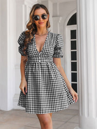 Decorative Button Plaid Short Sleeve Dress Trandify Deal