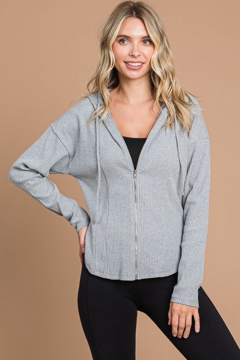 Culture Code Full Size Ribbed Zip Up Drawstring Hooded Jacket Trandify deal